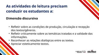 • Refletir sobre as condições de produção, circulação e recepção
dos textos/gêneros.
• Refletir criticamente sobre as temáticas tratadas e a validade das
informações.
• Reconhecer as relações dialógicas entre os textos.
• Apreciar esteticamente textos.
Dimensão discursiva
As atividades de leitura precisam
conduzir os estudantes a:
 