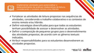 ✔ Fortalecer as atividades de leitura propostas nas sequências de
atividades, considerando o trabalho colaborativo e os contextos de
ensino remoto e/ou híbrido.
✔ Definir estratégias diversificadas para que todos os estudantes
tenham possibilidade de acessar e desenvolver as atividades.
✔ Definir a composição de pequenos grupos para o desenvolvimento
das atividades propostas, de acordo com os gêneros textuais
indicados.
✔ Atribuir responsabilidades para os estudantes desenvolverem as
atividades propostas.
Implementar atividades para potencializar o
desenvolvimento de práticas colaborativas de leitura,
considerando o contexto remoto e/ou híbrido
Elaborado pela equipe de formadores usando elementos gráficos do PowerPoint.
 
