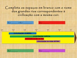 Completa os espaços em branco com o nome
   dos grandes rios correspondentes à
       civilização com a mesma cor:

 Rio ______ e Rio ________   Rio ______




 Rio ______                  Rio ______
 