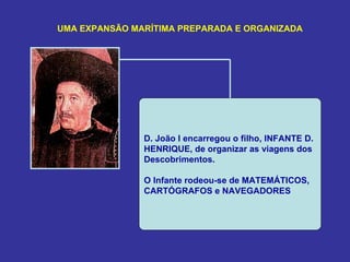 UMA EXPANSÃO MARÍTIMA PREPARADA E ORGANIZADA




               D. João I encarregou o filho, INFANTE D.
               HENRIQUE, de organizar as viagens dos
               Descobrimentos.

               O Infante rodeou-se de MATEMÁTICOS,
               CARTÓGRAFOS e NAVEGADORES
 