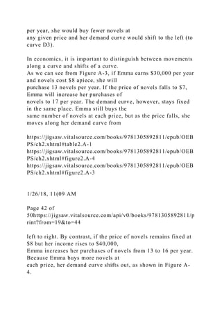 per year, she would buy fewer novels at
any given price and her demand curve would shift to the left (to
curve D3).
In economics, it is important to distinguish between movements
along a curve and shifts of a curve.
As we can see from Figure A-3, if Emma earns $30,000 per year
and novels cost $8 apiece, she will
purchase 13 novels per year. If the price of novels falls to $7,
Emma will increase her purchases of
novels to 17 per year. The demand curve, however, stays fixed
in the same place. Emma still buys the
same number of novels at each price, but as the price falls, she
moves along her demand curve from
https://jigsaw.vitalsource.com/books/9781305892811/epub/OEB
PS/ch2.xhtml#table2.A-1
https://jigsaw.vitalsource.com/books/9781305892811/epub/OEB
PS/ch2.xhtml#figure2.A-4
https://jigsaw.vitalsource.com/books/9781305892811/epub/OEB
PS/ch2.xhtml#figure2.A-3
1/26/18, 11(09 AM
Page 42 of
50https://jigsaw.vitalsource.com/api/v0/books/9781305892811/p
rint?from=19&to=44
left to right. By contrast, if the price of novels remains fixed at
$8 but her income rises to $40,000,
Emma increases her purchases of novels from 13 to 16 per year.
Because Emma buys more novels at
each price, her demand curve shifts out, as shown in Figure A-
4.
 