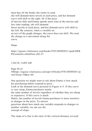 must buy all the books she wants to read,
she will demand more novels at each price, and her demand
curve will shift to the right. Or if the price
of movies falls and Emma spends more time at the movies and
less time reading, she will demand
fewer novels at each price, and her demand curve will shift to
the left. By contrast, when a variable on
an axis of the graph changes, the curve does not shift. We read
the change as a movement along the
curve.
Slope
https://jigsaw.vitalsource.com/books/9781305892811/epub/OEB
PS/contents.xhtml#toc-ch2-27
1/26/18, 11(09 AM
Page 44 of
50https://jigsaw.vitalsource.com/api/v0/books/9781305892811/p
rint?from=19&to=44
One question we might want to ask about Emma is how much
her purchasing habits respond to price.
Look at the demand curve pictured in Figure A-5. If this curve
is very steep, Emma purchases nearly
the same number of novels regardless of whether they are cheap
or expensive. If this curve is much
flatter, the number of novels Emma purchases is more sensitive
to changes in the price. To answer
questions about how much one variable responds to changes in
another variable, we can use the
concept of slope.
The slope of a line is the ratio of the vertical distance covered
 