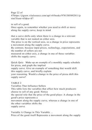 Page 22 of
47https://jigsaw.vitalsource.com/api/v0/books/9781305892811/p
rint?from=65&to=87
to sell of a good.
Once again, to remember whether you need to shift or move
along the supply curve, keep in mind
that a curve shifts only when there is a change in a relevant
variable that is not named on either axis.
The price is on the vertical axis, so a change in price represents
a movement along the supply curve.
By contrast, because input prices, technology, expectations, and
the number of sellers are not
measured on either axis, a change in one of these variables
shifts the supply curve.
Quick Quiz Make up an example of a monthly supply schedule
for pizza, and graph the implied
supply curve. Give an example of something that would shift
this supply curve, and briefly explain
your reasoning. Would a change in the price of pizza shift this
supply curve?
TABLE 2
Variables That Influence Sellers
This table lists the variables that affect how much producers
choose to sell of any good. Notice
the special role that the price of the good plays: A change in the
good's price represents a
movement along the supply curve, whereas a change in one of
the other variables shifts the
supply curve.
Variable A Change in This Variable …
Price of the good itself Represents a movement along the supply
 