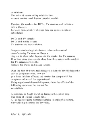 of minivans.
The price of sports utility vehicles rises.
A stock market crash lowers people's wealth.
Consider the markets for DVDs, TV screens, and tickets at
movie theaters.
For each pair, identify whether they are complements or
substitutes:
DVDs and TV screens
DVDs and movie tickets
TV screens and movie tickets
Suppose a technological advance reduces the cost of
manufacturing TV screens. Draw a
diagram to show what happens in the market for TV screens.
Draw two more diagrams to show how the change in the market
for TV screens affects the
markets for DVDs and movie tickets.
Over the past 30 years, technological advances have reduced the
cost of computer chips. How do
you think this has affected the market for computers? For
computer software? For typewriters?
Using supply-and-demand diagrams, show the effect of the
following events on the market for
sweatshirts.
A hurricane in South Carolina damages the cotton crop.
The price of leather jackets falls.
All colleges require morning exercise in appropriate attire.
New knitting machines are invented.
1/26/18, 11(13 AM
 