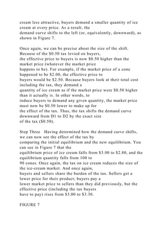 cream less attractive, buyers demand a smaller quantity of ice
cream at every price. As a result, the
demand curve shifts to the left (or, equivalently, downward), as
shown in Figure 7.
Once again, we can be precise about the size of the shift.
Because of the $0.50 tax levied on buyers,
the effective price to buyers is now $0.50 higher than the
market price (whatever the market price
happens to be). For example, if the market price of a cone
happened to be $2.00, the effective price to
buyers would be $2.50. Because buyers look at their total cost
including the tax, they demand a
quantity of ice cream as if the market price were $0.50 higher
than it actually is. In other words, to
induce buyers to demand any given quantity, the market price
must now be $0.50 lower to make up for
the effect of the tax. Thus, the tax shifts the demand curve
downward from D1 to D2 by the exact size
of the tax ($0.50).
Step Three Having determined how the demand curve shifts,
we can now see the effect of the tax by
comparing the initial equilibrium and the new equilibrium. You
can see in Figure 7 that the
equilibrium price of ice cream falls from $3.00 to $2.80, and the
equilibrium quantity falls from 100 to
90 cones. Once again, the tax on ice cream reduces the size of
the ice-cream market. And once again,
buyers and sellers share the burden of the tax. Sellers get a
lower price for their product; buyers pay a
lower market price to sellers than they did previously, but the
effective price (including the tax buyers
have to pay) rises from $3.00 to $3.30.
FIGURE 7
 
