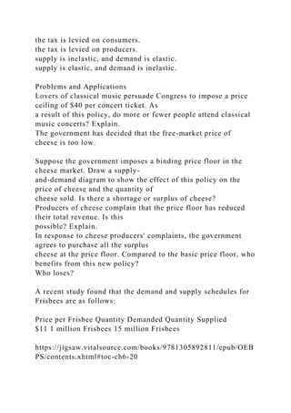 the tax is levied on consumers.
the tax is levied on producers.
supply is inelastic, and demand is elastic.
supply is elastic, and demand is inelastic.
Problems and Applications
Lovers of classical music persuade Congress to impose a price
ceiling of $40 per concert ticket. As
a result of this policy, do more or fewer people attend classical
music concerts? Explain.
The government has decided that the free-market price of
cheese is too low.
Suppose the government imposes a binding price floor in the
cheese market. Draw a supply-
and-demand diagram to show the effect of this policy on the
price of cheese and the quantity of
cheese sold. Is there a shortage or surplus of cheese?
Producers of cheese complain that the price floor has reduced
their total revenue. Is this
possible? Explain.
In response to cheese producers' complaints, the government
agrees to purchase all the surplus
cheese at the price floor. Compared to the basic price floor, who
benefits from this new policy?
Who loses?
A recent study found that the demand and supply schedules for
Frisbees are as follows:
Price per Frisbee Quantity Demanded Quantity Supplied
$11 1 million Frisbees 15 million Frisbees
https://jigsaw.vitalsource.com/books/9781305892811/epub/OEB
PS/contents.xhtml#toc-ch6-20
 