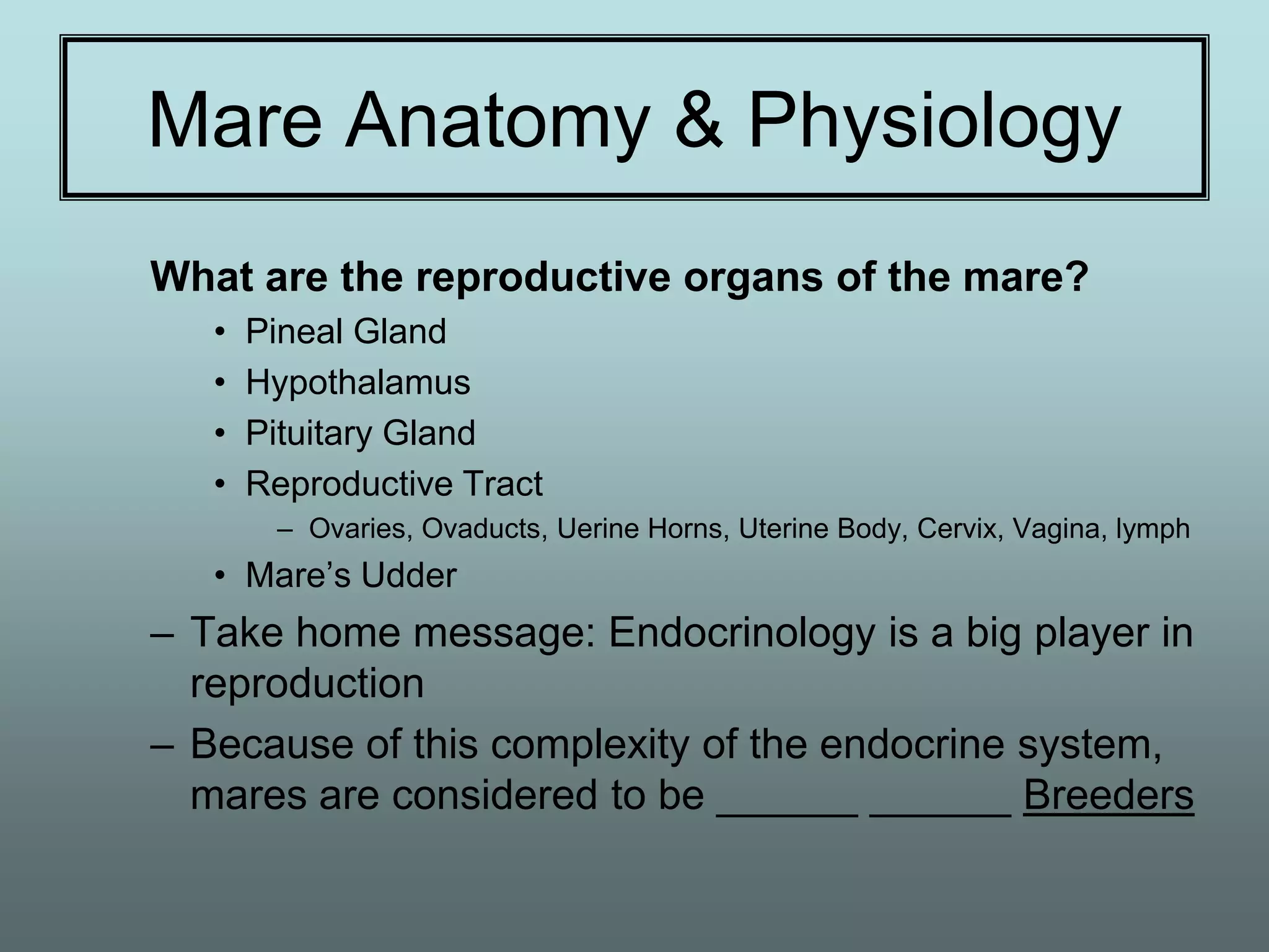 Mare Anatomy & Physiology
What are the reproductive organs of the mare?
   •   Pineal Gland
   •   Hypothalamus
   •   Pituitary Gland
   •   Reproductive Tract
        – Ovaries, Ovaducts, Uerine Horns, Uterine Body, Cervix, Vagina, lymph
   • Mare’s Udder
– Take home message: Endocrinology is a big player in
  reproduction
– Because of this complexity of the endocrine system,
  mares are considered to be ______ ______ Breeders
 