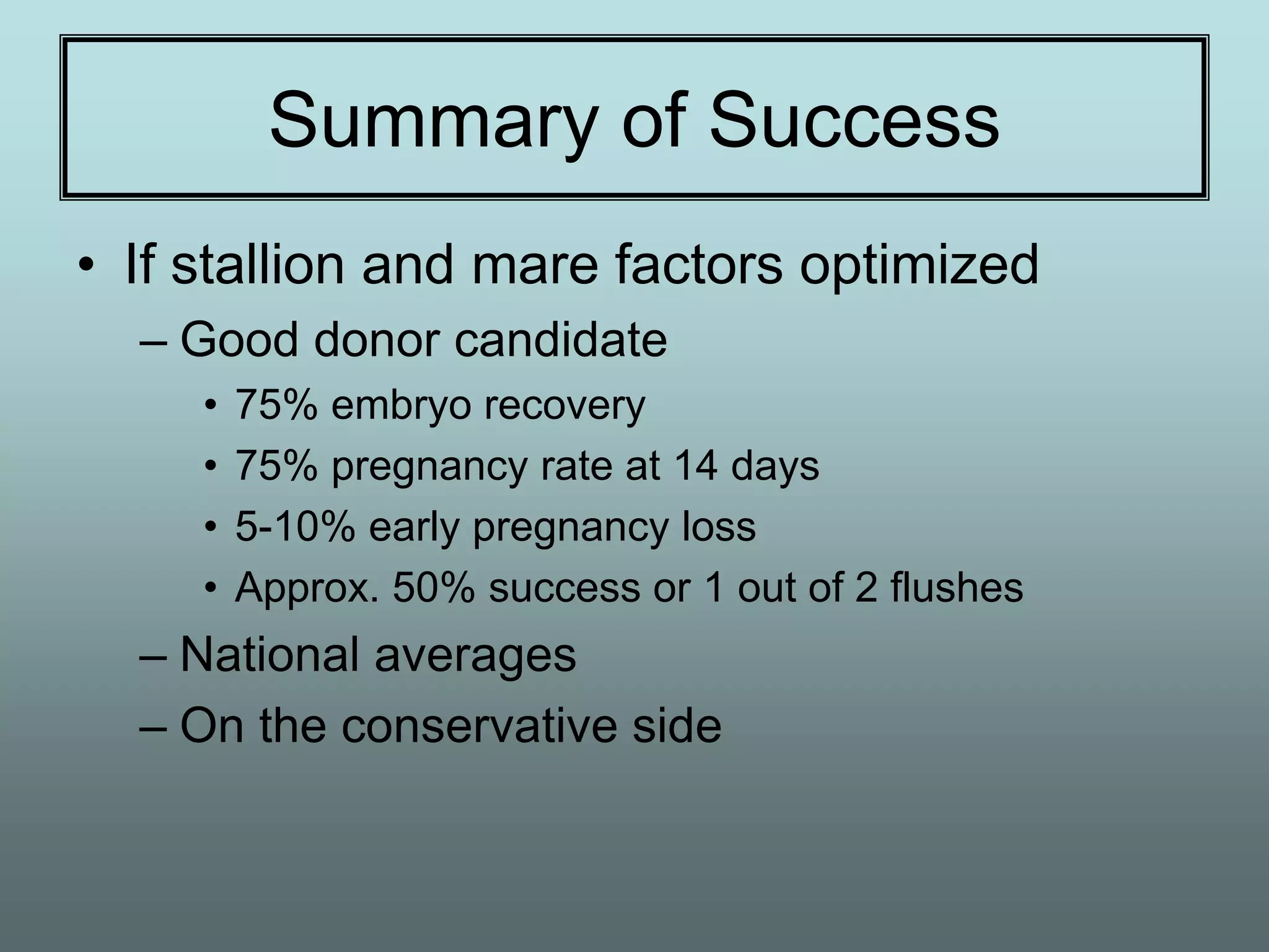 Summary of Success
• If stallion and mare factors optimized
  – Good donor candidate
     •   75% embryo recovery
     •   75% pregnancy rate at 14 days
     •   5-10% early pregnancy loss
     •   Approx. 50% success or 1 out of 2 flushes
  – National averages
  – On the conservative side
 