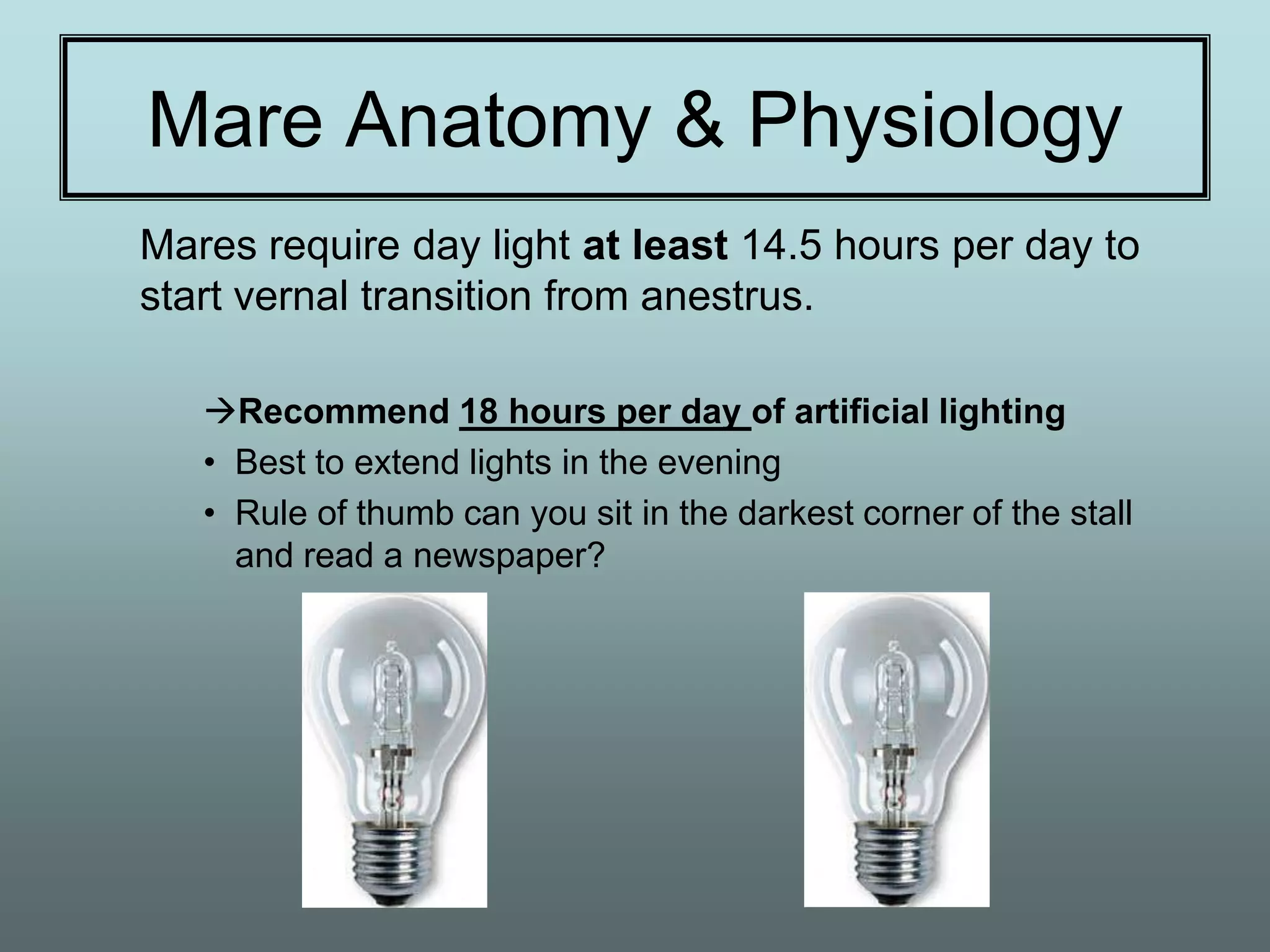 Mare Anatomy & Physiology
Mares require day light at least 14.5 hours per day to
start vernal transition from anestrus.

   Recommend 18 hours per day of artificial lighting
   • Best to extend lights in the evening
   • Rule of thumb can you sit in the darkest corner of the stall
     and read a newspaper?
 