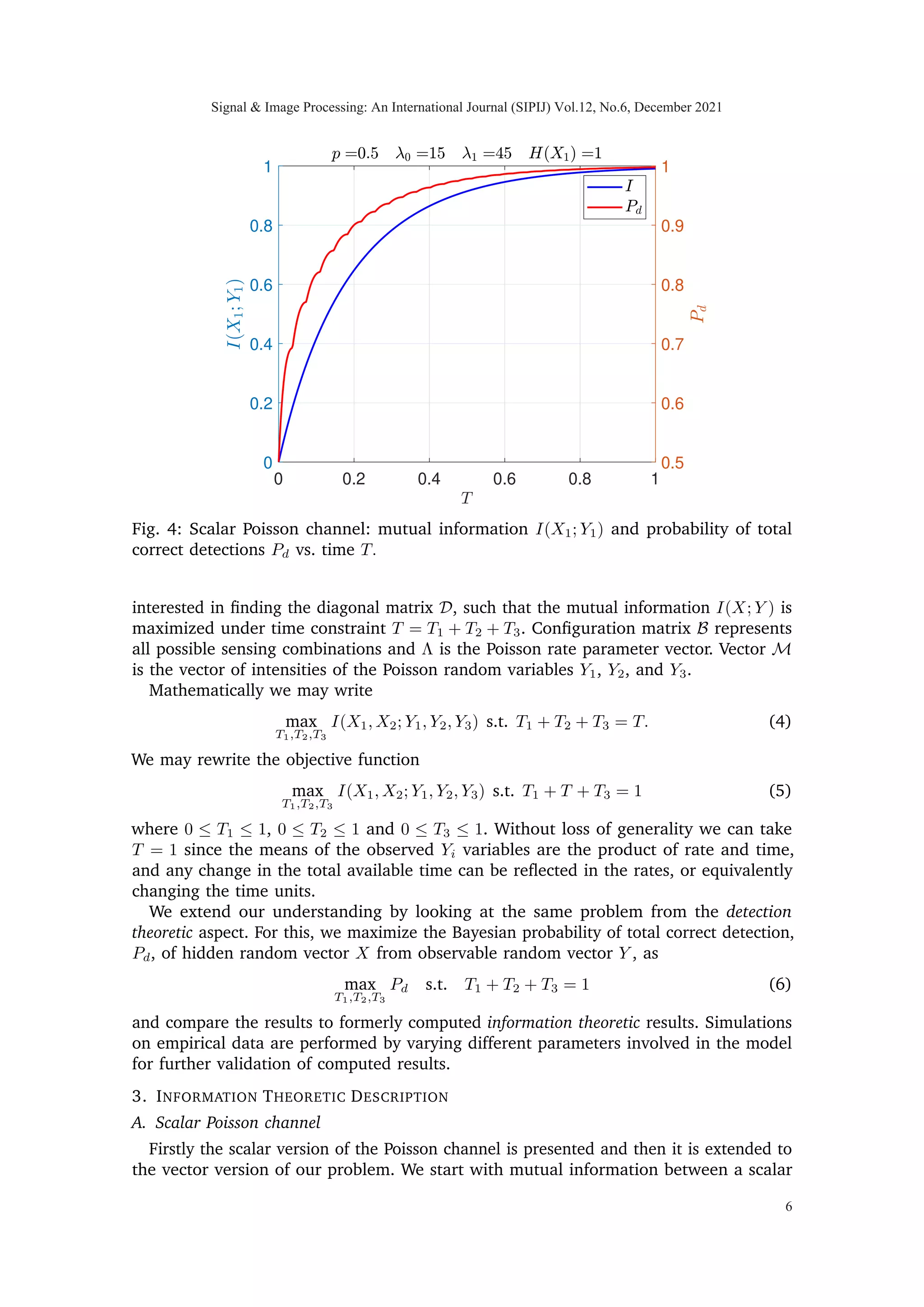 α=0
=
E[X · log X] − E[X] · log(E[X]) given in [8] provides us an exact answer to the question:
for a given finite sensing time T and prior p, which of the two sensing mechanisms,
individual or joint sensing, is better than the other? (however, hybrid sensing still remains
elusive and this is we have investigated in this paper).
Wang et al. [10] unifies the vector Poisson and Gaussian channels by constructing
a generalization of the classical Bregman divergence and extended the scalar result to
vector case (unconstrained). They provide the gradient of mutual information with respect
to their input scaling matrices for both Poisson and Gaussian channel. But, for a general
vector Poisson channel existence of gradient of mutual information w.r.t scaling matrix
is defined in terms of expected value of the Bregman divergence matrix with a strictly
K-convex loss function and which requires the partial ordering interpretation [11] [10]
Signal & Image Processing: An International Journal (SIPIJ) Vol.12, No.6, December 2021
3
 