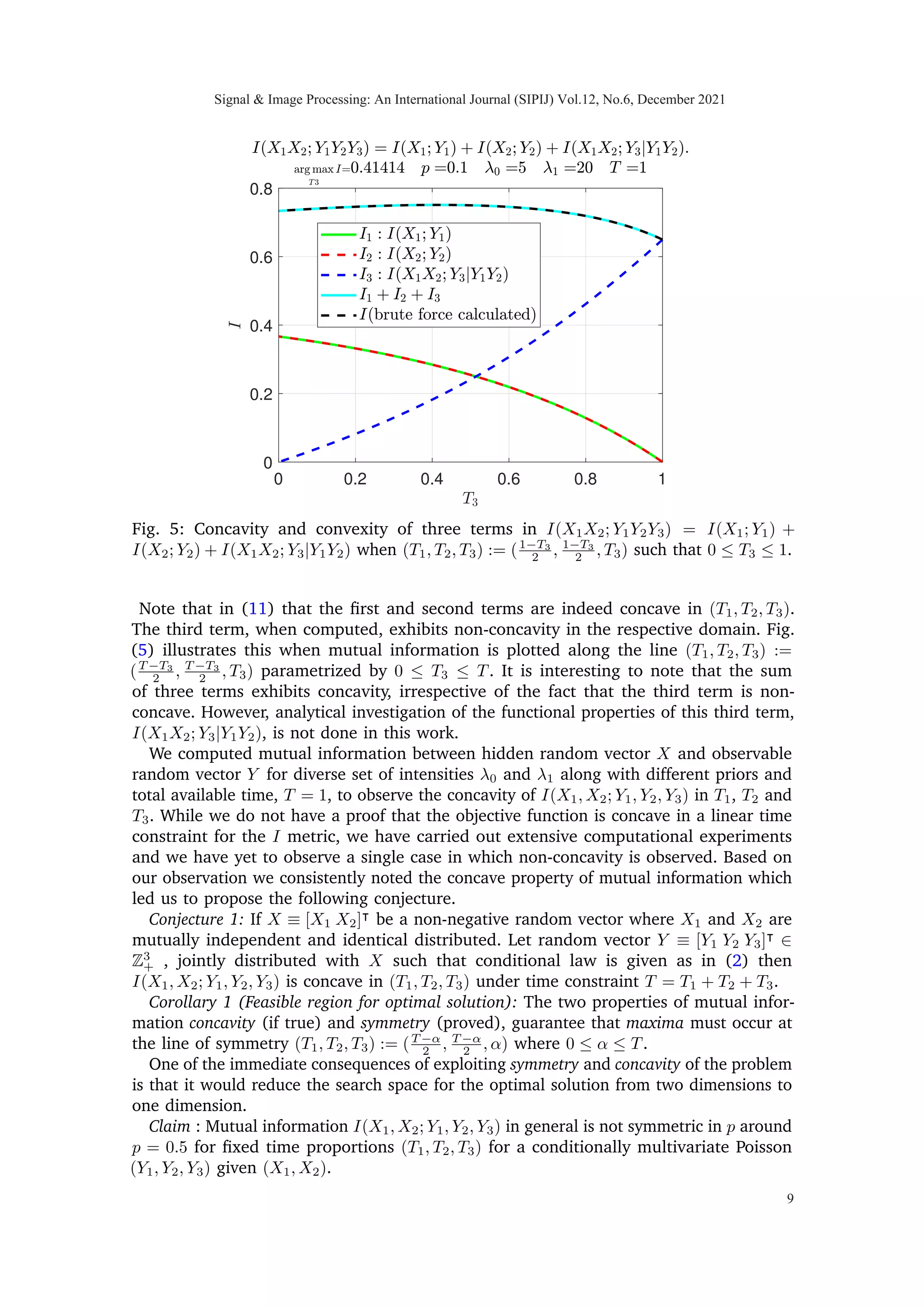 0 0.2 0.4 0.6 0.8 1
0
0.2
0.4
0.6
0.8
1
0.5
0.6
0.7
0.8
0.9
1
Fig. 4: Scalar Poisson channel: mutual information I(X1; Y1) and probability of total
correct detections Pd vs. time T.
interested in finding the diagonal matrix D, such that the mutual information I(X; Y ) is
maximized under time constraint T = T1 + T2 + T3. Configuration matrix B represents
all possible sensing combinations and Λ is the Poisson rate parameter vector. Vector M
is the vector of intensities of the Poisson random variables Y1, Y2, and Y3.
Mathematically we may write
max
T1,T2,T3
I(X1, X2; Y1, Y2, Y3) s.t. T1 + T2 + T3 = T. (4)
We may rewrite the objective function
max
T1,T2,T3
I(X1, X2; Y1, Y2, Y3) s.t. T1 + T + T3 = 1 (5)
where 0 ≤ T1 ≤ 1, 0 ≤ T2 ≤ 1 and 0 ≤ T3 ≤ 1. Without loss of generality we can take
T = 1 since the means of the observed Yi variables are the product of rate and time,
and any change in the total available time can be reflected in the rates, or equivalently
changing the time units.
We extend our understanding by looking at the same problem from the detection
theoretic aspect. For this, we maximize the Bayesian probability of total correct detection,
Pd, of hidden random vector X from observable random vector Y , as
max
T1,T2,T3
Pd s.t. T1 + T2 + T3 = 1 (6)
and compare the results to formerly computed information theoretic results. Simulations
on empirical data are performed by varying different parameters involved in the model
for further validation of computed results.
3. INFORMATION THEORETIC DESCRIPTION
A. Scalar Poisson channel
Firstly the scalar version of the Poisson channel is presented and then it is extended to
the vector version of our problem. We start with mutual information between a scalar
Signal  Image Processing: An International Journal (SIPIJ) Vol.12, No.6, December 2021
6
 