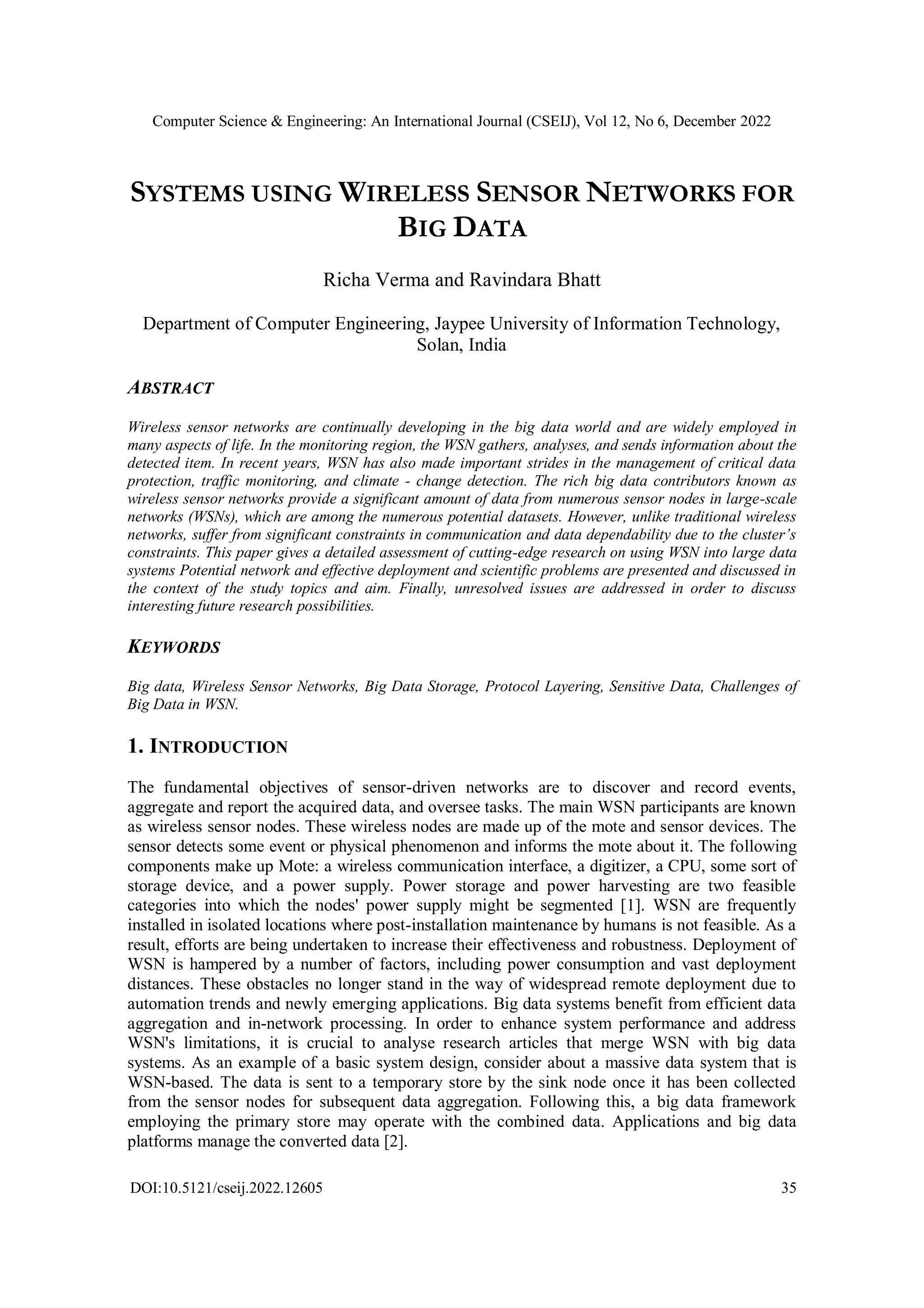 SYSTEMS USING WIRELESS SENSOR NETWORKS FOR BIG DATA | PDF