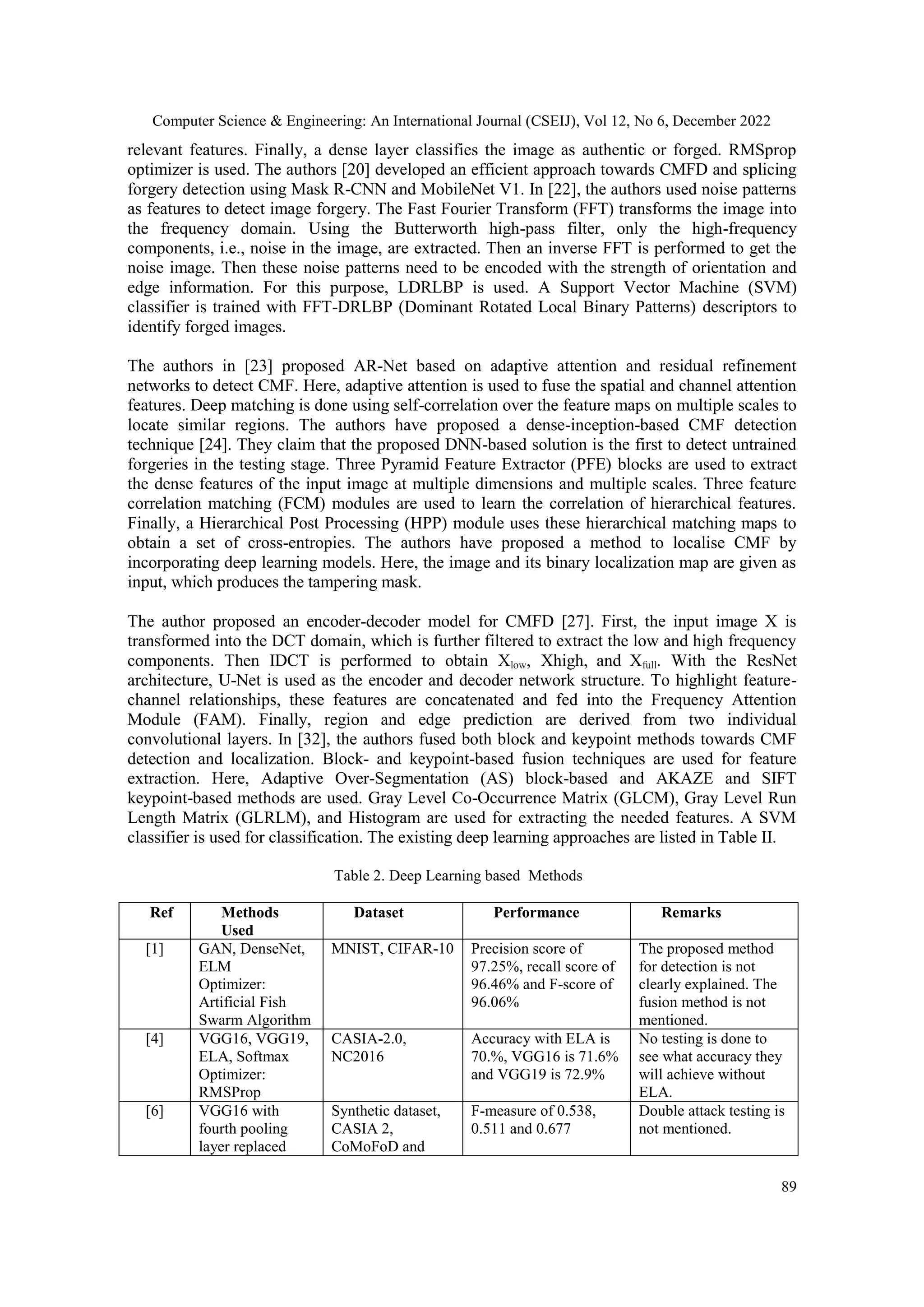Computer Science & Engineering: An International Journal (CSEIJ), Vol 12, No 6, December 2022
89
relevant features. Finally, a dense layer classifies the image as authentic or forged. RMSprop
optimizer is used. The authors [20] developed an efficient approach towards CMFD and splicing
forgery detection using Mask R-CNN and MobileNet V1. In [22], the authors used noise patterns
as features to detect image forgery. The Fast Fourier Transform (FFT) transforms the image into
the frequency domain. Using the Butterworth high-pass filter, only the high-frequency
components, i.e., noise in the image, are extracted. Then an inverse FFT is performed to get the
noise image. Then these noise patterns need to be encoded with the strength of orientation and
edge information. For this purpose, LDRLBP is used. A Support Vector Machine (SVM)
classifier is trained with FFT-DRLBP (Dominant Rotated Local Binary Patterns) descriptors to
identify forged images.
The authors in [23] proposed AR-Net based on adaptive attention and residual refinement
networks to detect CMF. Here, adaptive attention is used to fuse the spatial and channel attention
features. Deep matching is done using self-correlation over the feature maps on multiple scales to
locate similar regions. The authors have proposed a dense-inception-based CMF detection
technique [24]. They claim that the proposed DNN-based solution is the first to detect untrained
forgeries in the testing stage. Three Pyramid Feature Extractor (PFE) blocks are used to extract
the dense features of the input image at multiple dimensions and multiple scales. Three feature
correlation matching (FCM) modules are used to learn the correlation of hierarchical features.
Finally, a Hierarchical Post Processing (HPP) module uses these hierarchical matching maps to
obtain a set of cross-entropies. The authors have proposed a method to localise CMF by
incorporating deep learning models. Here, the image and its binary localization map are given as
input, which produces the tampering mask.
The author proposed an encoder-decoder model for CMFD [27]. First, the input image X is
transformed into the DCT domain, which is further filtered to extract the low and high frequency
components. Then IDCT is performed to obtain Xlow, Xhigh, and Xfull. With the ResNet
architecture, U-Net is used as the encoder and decoder network structure. To highlight feature-
channel relationships, these features are concatenated and fed into the Frequency Attention
Module (FAM). Finally, region and edge prediction are derived from two individual
convolutional layers. In [32], the authors fused both block and keypoint methods towards CMF
detection and localization. Block- and keypoint-based fusion techniques are used for feature
extraction. Here, Adaptive Over-Segmentation (AS) block-based and AKAZE and SIFT
keypoint-based methods are used. Gray Level Co-Occurrence Matrix (GLCM), Gray Level Run
Length Matrix (GLRLM), and Histogram are used for extracting the needed features. A SVM
classifier is used for classification. The existing deep learning approaches are listed in Table II.
Table 2. Deep Learning based Methods
Ref Methods
Used
Dataset Performance Remarks
[1] GAN, DenseNet,
ELM
Optimizer:
Artificial Fish
Swarm Algorithm
MNIST, CIFAR-10 Precision score of
97.25%, recall score of
96.46% and F-score of
96.06%
The proposed method
for detection is not
clearly explained. The
fusion method is not
mentioned.
[4] VGG16, VGG19,
ELA, Softmax
Optimizer:
RMSProp
CASIA-2.0,
NC2016
Accuracy with ELA is
70.%, VGG16 is 71.6%
and VGG19 is 72.9%
No testing is done to
see what accuracy they
will achieve without
ELA.
[6] VGG16 with
fourth pooling
layer replaced
Synthetic dataset,
CASIA 2,
CoMoFoD and
F-measure of 0.538,
0.511 and 0.677
Double attack testing is
not mentioned.
 