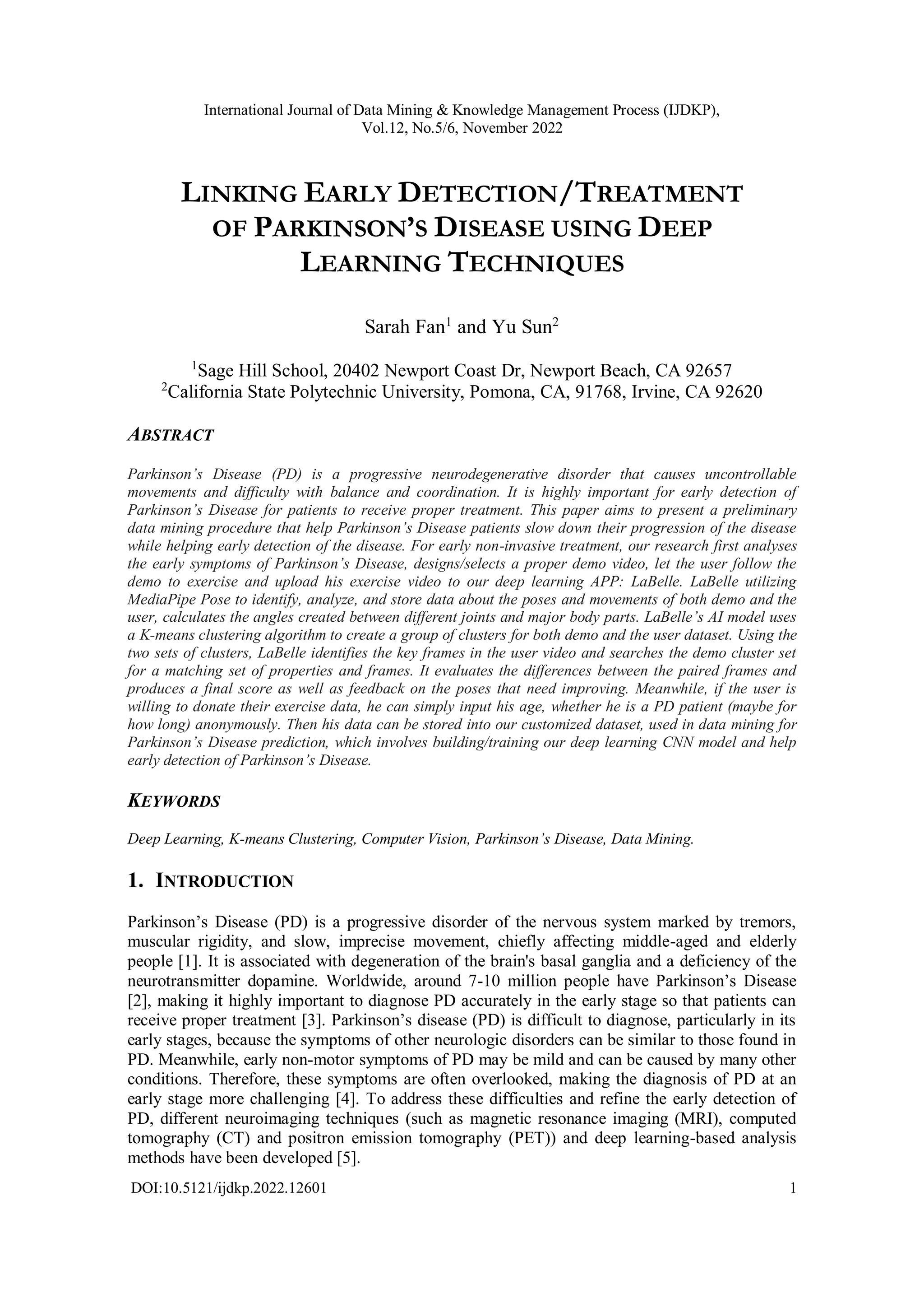 Linking Early Detection/Treatment of Parkinson’s Disease using Deep ...