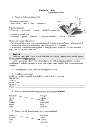 9
Cuvintele vrăjite
după Pierre Gamarra
1. Alegeţi cu ● răspunsurile corecte:
Întâmplarea se petrece în:
○ curtea şcolii ○ sala de clasă ○ bibliotecă
Acţiunea se petrece:
○ dimineaţa ○ în recreaţie ○ seara ○ după plecarea copiilor
Personajele povestirii sunt:
○ învăţătorul ○ peniţa ○ călimara ○ cărţile din bibliotecă ○ elevii ○ cuvintele
Mesajul care se deprinde din text:
○ Cuvintele sunt importante pentru oameni pentru că ele pot schimba, influenţa evoluţia omenirii.
○ Preşedintele conduce şi organizează un grup, este purtătorul lor de cuvânt.
○ Cuvântul PACE înseamnă condiţia pentru existenţa prieteniei, bunătăţii, afecţiunii, prieteniei,
unirii, unui loc al nostru numit casă.
Reţineţi:
Procedeul artistic prin care se atribuie lucrurilor, unor fiinţe ş.a. (altele decât oameni) însuşiri
omeneşti se numeşte personificare.
Lectura „Cuvintele vrăjite” foloseşte acest procedeu atribuind peniţei, călimării, literelor,
posibilitatea de a gândi, vorbi, de a-şi spune părerea, de a alege, specifice doar comportamentului
omenesc.
2. Daţi exemple de lecturi unde se foloseşte personificarea.
3. Completaţi după model:
CASĂ= ne este drag pentru că semnifică locul unde te simţi cel mai bine
PRIETENIE= .........................................................................................................................................
UNIRE= .................................................................................................................................................
BUNĂTATE= .......................................................................................................................................
MUNCĂ= ..............................................................................................................................................
PACE= ...................................................................................................................................................
4. Realizaţi corespondenţa între cuvintele cu acelaţi sens (sinonime):
duşumea neliniştite
cuvinte omenire
iubire podea
bunătate generozitate
agitate vorbe
lume dragoste
5. Alegeţi perechile de cuvinte cu înţeles opus (antonime):
bunătate dezbinare
prietenie război
unire răutate
pace duşmănie
 
