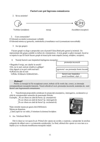 11
Factori care pot îngreuna comunicarea
2. Să ne amintim!
Vorbitor (emiţător) mesaj Ascultător (receptor)
2. Cum comunicăm?
O folosind cuvintele (comunicare verbală)
O folosind mimica şi gesturile, simbolurile şi tonalitatea vocii (comunicare nonverbală)
3. Joc (pe grupe):
Fiecare grupă va alege o propoziţie care să poată fi descifrată prin gesturi şi mimică. Un
reprezentant din grupa cealaltă va trebui să o interpreteze. A treia grupă va ghici mesajul. Jocul se
va repeta în aşa fel încât fiecare grupă să treacă prin toate etapele (mesaj, emiţător, receptor).
4. Numiţi factorii care împiedică înţelegerea mesajului:
pronunţia incorectă
• Degeaba îl strigi, are căştile la urechi!
•Alo, nu te aud, sunt pe stradă şi e gălăgie!
•Am răguşit şi nu pot vorbi mai tare! zgomotul sau pronunţie foarte înceată
•L(R)ică nu ştia să zică
L(R)âu, l(r)ăţuşcă, l(r)ămul(r)ică... factori care împiedică
auzul (surditate, căşti...)
Reţineţi!
Pentru ca mesajul să fie recepţionat corect, trebuie să fie rostit clar, corect, cu intonaţia
corespunzătoare mesajului transmis. Tonul coborât al vocii, pronunţia incorectă, neatenţia etc. sunt
factori care îngreunează comunicarea.
5. Transformaţi propoziţiile următoare în propoziţii enunţiative, interogative, exclamative şi
citiţi-le corespunzător semnelor de punctuaţie folosite.
Exemplu: _Pe cer zbura un cârd de berze. (p. enunţiativă)
_Pe cer zbura un cârd de berze? (p. interogativă)
_Pe cer zbura un cârd de berze! (p. exclamativă)
Nişte omuleţi ieşeau pe gaura cheii bibliotecii.
Săreau pe duşumea.
_Când copiii ne vor stâlci, îl trimitem la domnul învăţător.
6. Joc. Telefonul fără fir
Elevii clasei se vor aşeza în şir. Primul elev spune un cuvânt, o expresie, o propoziţie la urechea
colegului de alături care o va transmite următorului. La final, ultimul elev spune cu voce tare ce a
înţeles şi se va discuta modificarea mesajului iniţial.
 