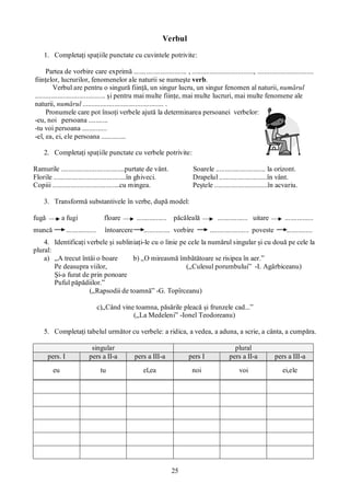 25
Verbul
1. Completaţi spaţiile punctate cu cuvintele potrivite:
Partea de vorbire care exprimă .............................. , ..................................., ................................
fiinţelor, lucrurilor, fenomenelor ale naturii se numeşte verb.
Verbul are pentru o singură fiinţă, un singur lucru, un singur fenomen al naturii, numărul
........................................ şi pentru mai multe fiinţe, mai multe lucruri, mai multe fenomene ale
naturii, numărul .............................................. .
Pronumele care pot însoţi verbele ajută la determinarea persoanei verbelor:
-eu, noi persoana ...........
-tu voi persoana ..............
-el, ea, ei, ele persoana ..............
2. Completaţi spaţiile punctate cu verbele potrivite:
Ramurile ....................................purtate de vânt. Soarele ............................ la orizont.
Florile .........................................în ghiveci. Drapelul ...........................în vânt.
Copiii ......................................cu mingea. Peştele ..............................în acvariu.
3. Transformă substantivele în verbe, după model:
fugă a fugi floare ................. păcăleală ................. uitare ................
muncă ................. întoarcere ............... vorbire ...................... poveste ...............
4. Identificaţi verbele şi subliniaţi-le cu o linie pe cele la numărul singular şi cu două pe cele la
plural:
a) „A trecut întâi o boare b) „O mireasmă îmbătătoare se risipea în aer.”
Pe deasupra viilor, („Culesul porumbului” -I. Agârbiceanu)
Şi-a furat de prin ponoare
Puful păpădiilor.”
(„Rapsodii de toamnă” -G. Topîrceanu)
c)„Când vine toamna, păsările pleacă şi frunzele cad...”
(„La Medeleni” -Ionel Teodoreanu)
5. Completaţi tabelul următor cu verbele: a ridica, a vedea, a aduna, a scrie, a cânta, a cumpăra.
singular plural
pers. I pers a II-a pers a III-a pers I pers a II-a pers a III-a
eu tu el,ea noi voi ei,ele
 
