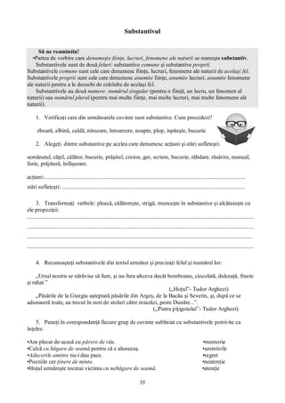 35
Substantivul
Să ne reamintin!
•Partea de vorbire care denumeşte fiinţe, lucruri, fenomene ale naturii se numeşte substantiv.
Substantivele sunt de două feluri: substantive comune şi substantive proprii.
Substantivele comune sunt cele care denumesc fiinţe, lucruri, fenomene ale naturii de acelaşi fel.
Substantivele proprii sunt cele care denumesc anumite fiinţe, anumite lucruri, anumite fenomene
ale naturii pentru a le deosebi de celelalte de acelaşi fel.
Substantivele au două numere: numărul singular (pentru o fiinţă, un lucru, un fenomen al
naturii) sau numărul plural (pentru mai multe fiinţe, mai multe lucruri, mai multe fenomene ale
naturii).
1. Verificaţi care din următoarele cuvinte sunt substantive. Cum procedezi?
zboară, albină, caldă, ninsoare, întoarcere, noapte, plop, ispiteşte, bucurie.
2. Alegeţi dintre substantive pe acelea care denumesc acţiuni şi stări sufleteşti:
semănatul, căţel, călător, bucurie, prăşitul, creion, ger, scriere, bucurie, răbdare, răsărire, manual,
furie, prăjitură, înfăşurare.
acţiuni:............................................................................................................................................
stări sufleteşti: ...............................................................................................................................
3. Transformaţi verbele: pleacă, călătoreşte, strigă, munceşte în substantive şi alcătuieşte cu
ele propoziţii:
..............................................................................................................................................................
..............................................................................................................................................................
.............................................................................................................................................................
..............................................................................................................................................................
4. Recunoaşteţi substantivele din textul următor şi precizaţi felul şi numărul lor:
„Ursul nostru se nărăvise să fure, şi nu fura altceva decât bomboane, ciocolată, dulceaţă, fructe
şi rahat.”
(„Hoţul”- Tudor Arghezi)
„Păsările de la Giurgiu aşteptară păsările din Argeş, de la Bacău şi Severin, şi, după ce se
adunaseră toate, au trecut în nori de stoluri către miazăzi, peste Dunăre...”.
(„Piatra piţigoiului”- Tudor Arghezi)
5. Puneţi în corespondenţă fiecare grup de cuvinte subliniat cu substantivele potrivite ca
înţeles:
•Am plecat de-acasă cu părere de rău. •memorie
•Calcă cu băgare de seamă pentru că e alunecuş. •amintirile
•Aducerile aminte nu-i dau pace. •regret
•Poeziile cer ţinere de minte. •neatenţie
•Hoţul urmăreşte tocmai victima cu nebăgare de seamă. •atenţie
 
