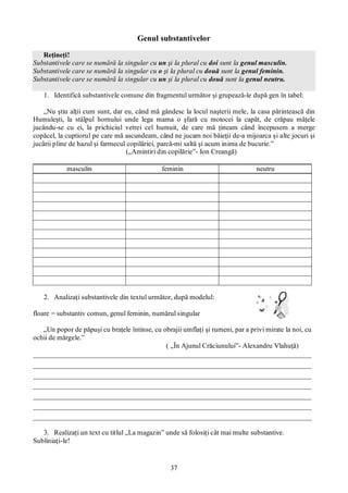 37
Genul substantivelor
Reţineţi!
Substantivele care se numără la singular cu un şi la plural cu doi sunt la genul masculin.
Substantivele care se numără la singular cu o şi la plural cu două sunt la genul feminin.
Substantivele care se numără la singular cu un şi la plural cu două sunt la genul neutru.
1. Identifică substantivele comune din fragmentul următor şi grupează-le după gen în tabel:
„Nu ştiu alţii cum sunt, dar eu, când mă gândesc la locul naşterii mele, la casa părintească din
Humuleşti, la stâlpul hornului unde lega mama o şfară cu motocei la capăt, de crăpau mâţele
jucându-se cu ei, la prichiciul vetrei cel humuit, de care mă ţineam când începusem a merge
copăcel, la cuptiorul pe care mă ascundeam, când ne jucam noi băieţii de-a mijoarca şi alte jocuri şi
jucării pline de hazul şi farmecul copilăriei, parcă-mi saltă şi acum inima de bucurie.”
(„Amintiri din copilărie”- Ion Creangă)
masculin feminin neutru
2. Analizaţi substantivele din textul următor, după modelul:
floare = substantiv comun, genul feminin, numărul singular
„Un popor de păpuşi cu braţele întinse, cu obrajii umflaţi şi rumeni, par a privi mirate la noi, cu
ochii de mărgele.”
( „În Ajunul Crăciunului”- Alexandru Vlahuţă)
3. Realizaţi un text cu titlul „La magazin” unde să folosiţi cât mai multe substantive.
Subliniaţi-le!
 