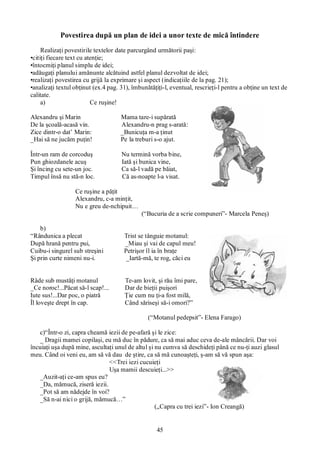 45
Povestirea după un plan de idei a unor texte de mică întindere
Realizaţi povestirile textelor date parcurgând următorii paşi:
•citiţi fiecare text cu atenţie;
•întocmiţi planul simplu de idei;
•adăugaţi planului amănunte alcătuind astfel planul dezvoltat de idei;
•realizaţi povestirea cu grijă la exprimare şi aspect (indicaţiile de la pag. 21);
•analizaţi textul obţinut (ex.4 pag. 31), îmbunătăţiţi-l, eventual, rescrieţi-l pentru a obţine un text de
calitate.
a) Ce ruşine!
Alexandru şi Marin Mama tare-i supărată
De la şcoală-acasă vin. Alexandru-n prag s-arată:
Zice dintr-o dat’ Marin: _Bunicuţa m-a ţinut
_Hai să ne jucăm puţin! Pe la treburi s-o ajut.
Într-un ram de corcoduş Nu termină vorba bine,
Pun ghiozdanele acuş Iată şi bunica vine,
Şi încing cu sete-un joc. Ca să-l vadă pe băiat,
Timpul însă nu stă-n loc. Că as-noapte l-a visat.
Ce ruşine a păţit
Alexandru, c-a minţit,
Nu e greu de-nchipuit…
(“Bucuria de a scrie compuneri”- Marcela Peneş)
b)
“Rândunica a plecat Trist se tânguie motanul:
După hrană pentru pui, _Miau şi vai de capul meu!
Cuibu-i singurel sub streşini Petrişor îl ia în braţe
Şi prin curte nimeni nu-i. _Iartă-mă, te rog, căci eu
Râde sub mustăţi motanul Te-am lovit, şi rău îmi pare,
_Ce noroc!...Păcat să-l scap!... Dar de bieţii puişori
Iute sus!...Dar poc, o piatră Ţie cum nu ţi-a fost milă,
Îl loveşte drept în cap. Când săriseşi să-i omori?”
(“Motanul pedepsit”- Elena Farago)
c)“Într-o zi, capra cheamă iezii de pe-afară şi le zice:
_ Dragii mamei copilaşi, eu mă duc în pădure, ca să mai aduc ceva de-ale mâncării. Dar voi
încuiaţi uşa după mine, ascultaţi unul de altul şi nu cumva să deschideţi până ce nu-ţi auzi glasul
meu. Când oi veni eu, am să vă dau de ştire, ca să mă cunoaşteţi, ş-am să vă spun aşa:
<<Trei iezi cucuieţi
Uşa mamii descuieţi...>>
_Auzit-aţi ce-am spus eu?
_Da, mămucă, ziseră iezii.
_Pot să am nădejde în voi?
_Să n-ai nici o grijă, mămucă…”
(„Capra cu trei iezi”- Ion Creangă)
 