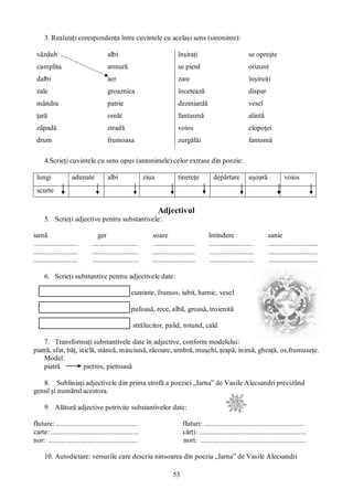 53
3. Realizaţi corespondenţa între cuvintele cu acelaşi sens (sinonime):
văzduh albi înşiraţi se opreşte
cumplita armură se pierd orizont
dalbi aer zare înşiruiţi
zale groaznica încetează dispar
mândra patrie dezmiardă vesel
ţară omăt fantasmă alintă
zăpadă stradă voios clopoţei
drum frumoasa zurgălăi fantomă
4.Scrieţi cuvintele cu sens opus (antonimele) celor extrase din poezie:
lungi adunate albi ziua tinereţe depărtare uşoară voios
scurte
Adjectivul
5. Scrieţi adjective pentru substantivele:
iarnă ger soare întindere sanie
......................... .......................... ........................ ......................... ............................
......................... .......................... ........................ ......................... ............................
......................... .......................... ........................ ......................... ............................
6. Scrieţi substantive pentru adjectivele date:
cuminte, frumos, iubit, harnic, vesel
pufoasă, rece, albă, groasă, troienită
strălucitor, palid, rotund, cald
7. Transformaţi substantivele date în adjective, conform modelului:
piatră, sfat, băţ, sticlă, stâncă, minciună, răcoare, umbră, muşchi, ţeapă, inimă, gheaţă, os,frumuseţe.
Model:
piatră pietros, pietroasă
8. Subliniaţi adjectivele din prima strofă a poeziei „Iarna” de Vasile Alecsandri precizând
genul şi numărul acestora.
9. Alătură adjective potrivite substantivelor date:
fluture: .............................................. fluturi: ........................................................
carte: ................................................. cărţi: ............................................................
nor: .................................................. nori: ...........................................................
10. Autodictare: versurile care descriu ninsoarea din poezia „Iarna” de Vasile Alecsandri
 