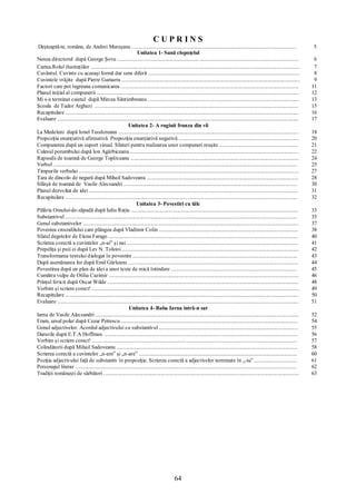 64
C U P R I N S
Deşteaptă-te, române, de Andrei Mureşanu .......................................................................................................................... 5
Unitatea 1- Sună clopoţelul
Nenea directorul după George Şovu ....................................................................................................................................... 6
Cartea.Rolul ilustraţiilor ........................................................................................................................................................... 7
Cuvântul. Cuvinte cu aceeaşi formă dar sens diferit ................................................................................................................ 8
Cuvintele vrăjite după Pierre Gamarra .................................................................................................................................... 9
Factori care pot îngreuna comunicarea .................................................................................................................................... 11
Planul iniţial al compunerii ...................................................................................................................................................... 12
Mi s-a terminat caietul după Mircea Sântimbreanu ................................................................................................................ 13
Şcoala de Tudor Arghezi ....................................................................................................................................................... 15
Recapitulare ............................................................................................................................................................................. 16
Evaluare ................................................................................................................................................................................... 17
Unitatea 2- A ruginit frunza din vii
La Medeleni după Ionel Teodoreanu ...................................................................................................................................... 18
Propoziţia enunţiativă afirmativă. Propoziţia enunţiativă negativă ......................................................................................... 20
Compunerea după un suport vizual. Sfaturi pentru realizarea unor compuneri reuşite .......................................................... 21
Culesul porumbului după Ion Agârbiceanu ............................................................................................................................. 22
Rapsodii de toamnă de George Topîrceanu ............................................................................................................................. 24
Verbul ..................................................................................................................................................................................... 25
Timpurile verbului ................................................................................................................................................................... 27
Ţara de dincolo de negură după Mihail Sadoveanu ................................................................................................................ 28
Sfârşit de toamnă de Vasile Alecsandri ................................................................................................................................. 30
Planul dezvoltat de idei ........................................................................................................................................................... 31
Recapitulare ............................................................................................................................................................................ 32
Unitatea 3- Povestiri cu tâlc
Pălăria Omului-de-zăpadă după Iuliu Raţiu ............................................................................................................................ 33
Substantivul ............................................................................................................................................................................ 35
Genul substantivelor ................................................................................................................................................................ 37
Povestea crocodilului care plângea după Vladimir Colin ....................................................................................................... 38
Sfatul degetelor de Elena Farago ............................................................................................................................................ 40
Scrierea corectă a cuvintelor „n-ai” şi nai ............................................................................................................................... 41
Prepeliţa şi puii ei după Lev N. Tolstoi ................................................................................................................................... 42
Transformarea textului dialogat în povestire .......................................................................................................................... 43
După asemănarea lor după Emil Gârleanu .............................................................................................................................. 44
Povestirea după un plan de idei a unor texte de mică întindere ............................................................................................. 45
Cumătra vulpe de Otilia Cazimir ............................................................................................................................................. 46
Prinţul fericit după Oscar Wilde .............................................................................................................................................. 48
Vorbim şi scriem corect! .......................................................................................................................................................... 49
Recapitulare ............................................................................................................................................................................. 50
Evaluare ................................................................................................................................................................................... 51
Unitatea 4- Baba Iarna intră-n sat
Iarna de Vasile Alecsandri ....................................................................................................................................................... 52
Fram, ursul polar după Cezar Petrescu ................................................................................................................................... 54
Genul adjectivelor. Acordul adjectivului cu substantivul ....................................................................................................... 55
Darurile după E.T.A Hoffman. ............................................................................................................................................... 56
Vorbim şi scriem corect! ........................................................................................................................................................ 57
Colindătorii după Mihail Sadoveanu ...................................................................................................................................... 58
Scrierea corectă a cuvintelor „n-am” şi „n-are” ..................................................................................................................... 60
Poziţia adjectivului faţă de substantiv în propoziţie. Scrierea corectă a adjectivelor terminate în „-iu” ............................... 61
Personajul literar .................................................................................................................................................................... 62
Tradiţii româneşti de sărbători ................................................................................................................................................. 63
 