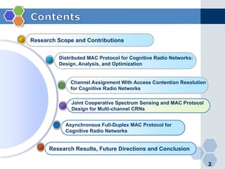 Asynchronous Full-Duplex MAC Protocol for
Cognitive Radio Networks
Joint Cooperative Spectrum Sensing and MAC Protocol
Design for Multi-channel CRNs
Research Scope and Contributions
2
Distributed MAC Protocol for Cognitive Radio Networks:
Design, Analysis, and Optimization
Channel Assignment With Access Contention Resolution
for Cognitive Radio Networks
Research Results, Future Directions and Conclusion
 