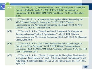 [C1] L. T. Tan and L. B. Le, “Distributed MAC Protocol Design for Full-Duplex
Cognitive Radio Networks,” in 2015 IEEE Global Communications
Conference (IEEE GLOBECOM 2015), San Diego, CA, USA, December,
2015.
[C2] L. T. Tan and L. B. Le, “Compressed Sensing Based Data Processing and
MAC Protocol Design for Smartgrids,” in 2015 IEEE Wireless
Communication and Networking Conference (IEEE WCNC 2015), New
Orleans, LA USA, 9 - 12 March 2015.
[C3] L. T. Tan, and L. B. Le, “General Analytical Framework for Cooperative
Sensing and Access Trade-off Optimization,” in 2013 IEEE Wireless
Communication and Networking Conference (IEEE WCNC 2013), Shanghai,
China, April 2013.
[C4] L. T. Tan, and L. B. Le, “Fair Channel Allocation and Access Design for
Cognitive Ad Hoc Networks,” in 2012 IEEE Global Communications
Conference (IEEE GLOBECOM 2012), Anaheim, California, USA, pp. 1162
- 1167, December, 2012.
[C5] L. T. Tan, and L. B. Le, “Channel Assignment for Throughput Maximization
in Cognitive Radio Networks,” in 2012 IEEE Wireless Communications and
Networking Conference (IEEE WCNC 2012), Paris, France, pp. 1427-1431,
April, 2012.
35
 