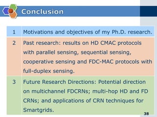 1 Motivations and objectives of my Ph.D. research.
2 Past research: results on HD CMAC protocols
with parallel sensing, sequential sensing,
cooperative sensing and FDC-MAC protocols with
full-duplex sensing.
3 Future Research Directions: Potential direction
on multichannel FDCRNs; multi-hop HD and FD
CRNs; and applications of CRN techniques for
Smartgrids.
38
 