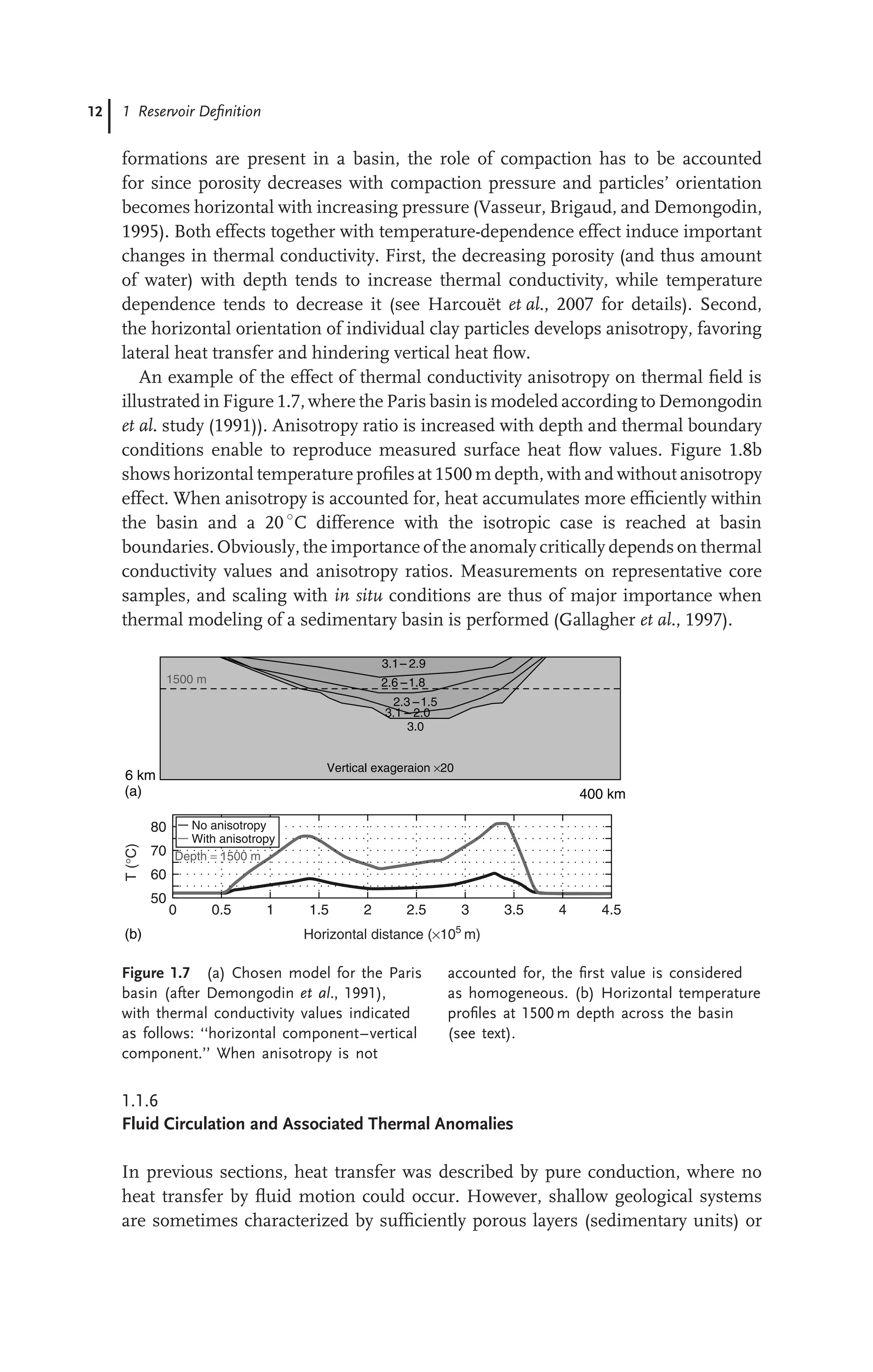 12 1 Reservoir Deﬁnition
formations are present in a basin, the role of compaction has to be accounted
for since porosity decreases with compaction pressure and particles’ orientation
becomes horizontal with increasing pressure (Vasseur, Brigaud, and Demongodin,
1995). Both effects together with temperature-dependence effect induce important
changes in thermal conductivity. First, the decreasing porosity (and thus amount
of water) with depth tends to increase thermal conductivity, while temperature
dependence tends to decrease it (see Harcouët et al., 2007 for details). Second,
the horizontal orientation of individual clay particles develops anisotropy, favoring
lateral heat transfer and hindering vertical heat ﬂow.
An example of the effect of thermal conductivity anisotropy on thermal ﬁeld is
illustrated in Figure 1.7, where the Paris basin is modeled according to Demongodin
et al. study (1991)). Anisotropy ratio is increased with depth and thermal boundary
conditions enable to reproduce measured surface heat ﬂow values. Figure 1.8b
shows horizontal temperature proﬁles at 1500 m depth, with and without anisotropy
effect. When anisotropy is accounted for, heat accumulates more efﬁciently within
the basin and a 20 ◦
C difference with the isotropic case is reached at basin
boundaries. Obviously, the importance of the anomaly critically depends on thermal
conductivity values and anisotropy ratios. Measurements on representative core
samples, and scaling with in situ conditions are thus of major importance when
thermal modeling of a sedimentary basin is performed (Gallagher et al., 1997).
80
70
60
50
0 0.5 1 1.5 2 2.5 3 3.5 4 4.5
Horizontal distance (×105
m)
T
(°C)
6 km
400 km
No anisotropy
With anisotropy
Depth = 1500 m
1500 m
3.1– 2.9
2.6 –1.8
2.3 –1.5
3.1 – 2.0
3.0
Vertical exageraion ×20
(a)
(b)
Figure 1.7 (a) Chosen model for the Paris
basin (after Demongodin et al., 1991),
with thermal conductivity values indicated
as follows: ‘‘horizontal component–vertical
component.’’ When anisotropy is not
accounted for, the ﬁrst value is considered
as homogeneous. (b) Horizontal temperature
proﬁles at 1500 m depth across the basin
(see text).
1.1.6
Fluid Circulation and Associated Thermal Anomalies
In previous sections, heat transfer was described by pure conduction, where no
heat transfer by ﬂuid motion could occur. However, shallow geological systems
are sometimes characterized by sufﬁciently porous layers (sedimentary units) or
 