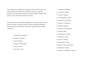 Fredco alleged that the registration was cancelled on 30 July 1998 when New York
Garments inadvertently failed to file an affidavit of use/non-use on the fifth
anniversary of the registration but the right to the mark “Harvard” remained with its
predecessor New York Garments and now with Fredco.
Harvard University, on the other hand, alleged that it is the lawful owner of the name
and mark “Harvard” in numerous countries worldwide, including the Philippines.
Among the countries where Harvard University has registered its name and mark
“Harvard” are:
1. Argentina 26. South Korea
2. Benelux4
27. Malaysia
3. Brazil 28. Mexico
4. Canada 29. New Zealand
5. Chile 30. Norway
6. China P.R. 31. Peru
7. Colombia 32. Philippines
8. Costa Rica 33. Poland
9. Cyprus 34. Portugal
10. Czech Republic 35. Russia
11. Denmark 36. South Africa
12. Ecuador 37. Switzerland
13. Egypt 38. Singapore
14. Finland 39. Slovak Republic
15. France 40. Spain
16. Great Britain 41. Sweden
17. Germany 42. Taiwan
18. Greece 43. Thailand
19. Hong Kong 44. Turkey
20. India 45. United Arab Emirates
21. Indonesia 46. Uruguay
22. Ireland 47. United States of America
 