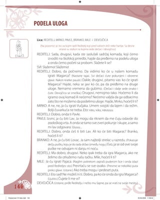 140
Lica: REDITELJ, МIRKO, PAVLE, BRANKO, MILE i DEVOJČICA
(Na pozornici je sto za kojim sedi Reditelj, koji pred sobom drži neke hartije. Sa desne
strane su stolice na kojima sede dečaci i devojčica.)
REDITELJ: Sada, drugovi, kada ste saslušali sadržaj komada, koji ćemo
izvoditi na školskoj priredbi, hajde da pređemo na podelu uloga
a onda ćemo početi sa probom. Slažete li se?
SVI: Slažemo! Slažemo!
REDITELJ: Dobro, da počnemo. Da vidimo ko će u našem komadu
igrati Magarca? (Nastane tajac. Svi dečaci ćute pokunjeni i oborene
glave. Nakon kratke pauze.) Dakle, drugovi, pitamo vas: ko će igrati
Magarca? Hajde, neka se javi ko će, pa da pređemo na druge
uloge. Nemamo vremena da gubimo. (Dečaci i dalje sede onako i
ćute. Devojčica se smeška.) Drugovi, nemojmo tako. Hoćemo li da
igramo ovaj komad ili nećemo? Nećemo valjda da ga odbacimo
zato što ne možemo da podelimo uloge. Hajde, Mirko, hoćeš li ti?
MIRKO: A ne, ne, ja ću igrati Vučjaka. Umem svojski da lajem i da režim.
Bolji čuvarkuća ne treba. Eto: vau, vau, vauuuu.
REDITELJ: Dobro, onda ti Pavle.
PAVLE: Izvini, ja ću biti Lav. Ja mogu da riknem da me čuju odavde do
zoološkog vrta. A onda se tamo sve zveri pokunje i skupe, a samo
mi lav odgovara: Uuuu...
REDITELJ: Dobro, onda ćeš ti biti Lav. Ali ko će biti Magarac? Branko,
hoćeš li ti?
BRANKO: A ne, ja ću biti Lovac. Ja sam najbolji strelac u razredu. (Pokazuje
dečju pušku, koju je do tada držao između nogu.) Evo, ja se od ove svoje
puške ne odvajam ni danju ni noću.
REDITELJ: Ma dobro, drugovi. Neko ipak treba da igra Magarca, ako ne
želimo da otkažemo našu tačku. Mile, hoćeš li ti?
MILE: Ja ću igrati Pajaca. (Naglim pokretom zapraši puderom lice i onda izlazi
pred Rediteljev sto.) Prevrtaću se sve ovako. (Prevrne se nekoliko puta
preko glave. Ustane.) Ako treba mogu i pedeset puta.
REDITELJ: Eto sad! Ne možeš ni ti. Dobro, pa ko će onda da igra Magarca?
(Ljutito.) Čujete li me vi?
DEVOJČICA (Ustane, priđe Reditelju i nešto mu šapne, pa se vrati na svoje mesto.)
PODELA ULOGA
Knjizevnost 4 VI deo.indd 140 05-06-2008 11:58:42
 