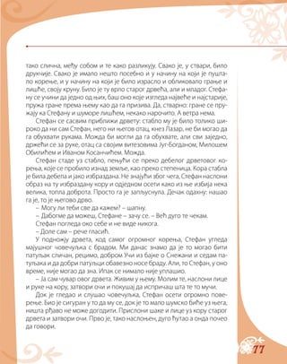 77
тако слична, међу собом и те како разликују. Свако је, у ствари, било
друкчије. Свако је имало нешто посебно и у начину на који је пушта-
ло корење, и у начину на који је било израсло и обликовало грање и
лишће, своју круну. Било је ту врло старог дрвећа, али и младог. Стефа-
ну се учини да једно од њих, баш оно које изгледа највеће и најстарије,
пружа гране према њему као да га призива. Да, стварно: гране се пру-
жају ка Стефану и шуморе лишћем, некако нарочито. А ветра нема.
Стефан се сасвим приближи дрвету: стабло му је било толико ши-
роко да ни сам Стефан, него ни његов отац, кнез Лазар, не би могао да
га обухвати рукама. Можда би могли да га обухвате, али сви заједно,
држећи се за руке, отац са својим витезовима Југ-Богданом, Милошем
Обилићем и Иваном Косанчићем. Можда.
Стефан стаде уз стабло, пењући се преко дебелог дрветовог ко-
рења, које се пробило изнад земље, као преко степеница. Кора стабла
је била дебела и јако избраздана. Не знајући због чега, Стефан наслони
образ на ту избраздану кору и одједном осети како из ње избија нека
велика, топла доброта. Просто га је запљуснула. Дечак одахну: нашао
га је, то је његово дрво.
– Могу ли теби све да кажем? – шапну.
– Дабогме да можеш, Стефане – зачу се. – Већ дуго те чекам.
Стефан погледа око себе и не виде никога.
– Доле сам – рече гласић.
У подножју дрвета, код самог огромног корења, Стефан угледа
мајушног човечуљка с брадом. Ми данас знамо да је то могао бити
патуљак сличан, рецимо, добром Учи из бајке о Снежани и седам па-
туљака и да добри патуљци обавезно носе браду. Али, то Стефан, у оно
време, није могао да зна. Ипак се нимало није уплашио.
– Ја сам чувар овог дрвета. Живим у њему. Молим те, наслони лице
и руке на кору, затвори очи и покушај да испричаш шта те то мучи.
Док је гледао и слушао човечуљка, Стефан осети огромно пове-
рење. Био је сигуран у то да му се, док је то мало шумско биће уз њега,
ништа рђаво не може догодити. Прислони шаке и лице уз кору старог
дрвета и затвори очи. Прво је, тако наслоњен, дуго ћутао а онда почео
да говори.
 
