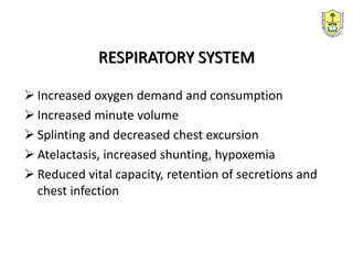 RESPIRATORY SYSTEM
 Increased oxygen demand and consumption
 Increased minute volume
 Splinting and decreased chest excursion
 Atelactasis, increased shunting, hypoxemia
 Reduced vital capacity, retention of secretions and
chest infection
 
