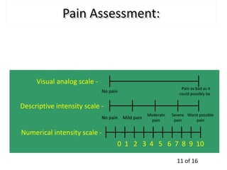 What is the severity of the pain?
0 1 2 3 4 5 6 7 8 9 10
Visual analog scale -
Numerical intensity scale -
Descriptive intensity scale -
No pain Mild pain
Moderate
pain
Severe
pain
Worst possible
pain
No pain
Pain as bad as it
could possibly be
Pain Assessment:
11 of 16
 