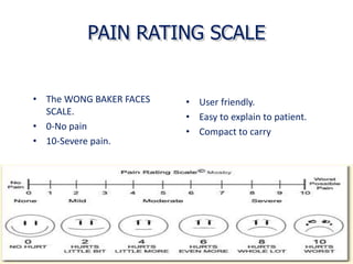 PAIN RATING SCALE
• The WONG BAKER FACES
SCALE.
• 0-No pain
• 10-Severe pain.
• User friendly.
• Easy to explain to patient.
• Compact to carry
 