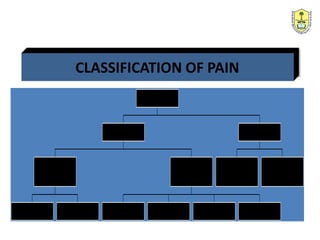 CLASSIFICATION OF PAIN
SUPERFICIAL DEEP
SOMATIC
TRUEVISCERAL TRUEPARIETAL REFEREDVISCERAL REFEREDPARIETAL
VISCERAL
ACUTE
DEAFFERENTATION
PAIN
SYMPATHETICALLY
MEDIATEDPAIN
CHRONIC
PAIN
 