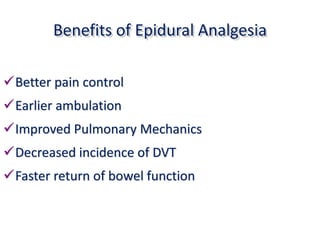 Benefits of Epidural Analgesia
Better pain control
Earlier ambulation
Improved Pulmonary Mechanics
Decreased incidence of DVT
Faster return of bowel function
 