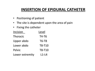 INSERTION OF EPIDURAL CATHETER
• Positioning of patient
• The site is dependent upon the area of pain
• Fixing the catheter
Incision Level
Thoracic T4-T6
Upper abdo T6-T8
Lower abdo T8-T10
Pelvic T8-T10
Lower extremity L1-L4
 