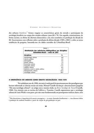 C I D A D E :

H I S T Ó R I A

E

D E S A F I O S

dos urbanos brasileiros.7 Iremos resgatar as características gerais da entrada e participação da
sociologia brasileira no campo dos estudos urbanos (anos 60 e 70). Em seguida, examinaremos, de
forma sucinta, os efeitos da abertura democrática e da crise econômica na produção da década de
80. Encerraremos com reflexões sobre a produção da última década (1989 a 2001) e sobre as novas
tendências da pesquisa, baseando-nos em dados extraídos do UrbanData-Brasil.
Tabela 1

Distribuição das referências bibliográficas por disciplina
UrbanData-Brasil — maio de 2001
Disciplinas

%

Antropologia urbana
Ciência política
Demografia
Direito urbano
Economia urbana
Geografia urbana
História urbana
Medicina social e saúde pública
Planejamento urbano
Sociologia urbana

6,8
4,5
4,3
1,3
9,2
11,5
8,5
2,9
22,3
28,7

A EMERGÊNCIA DO URBANO COMO OBJETO SOCIOLÓGICO: 1960-1970

No turbulento ano de 1968, em meio à onda geral de questionamento dos paradigmas que
haviam informado as ciências sociais até então, Manuel Castells iria lançar a desconcertante pergunta
“Há uma sociologia urbana?”, no artigo com o mesmo título, na Revue Sociologie du Travail (Castells,
1968). Em sintonia com os escritos de Lefebvre e Touraine, Castells argumentava que a sociologia
urbana de Louis Wirth e seus pares, por não estar fundamentada em pressupostos teóricos claros, nem
7

Não descartamos a importância de autores estrangeiros — os assim chamados brasilianistas —, mas daremos ênfase
à produção da academia brasileira a partir da criação da pós-graduação no país.

64

 