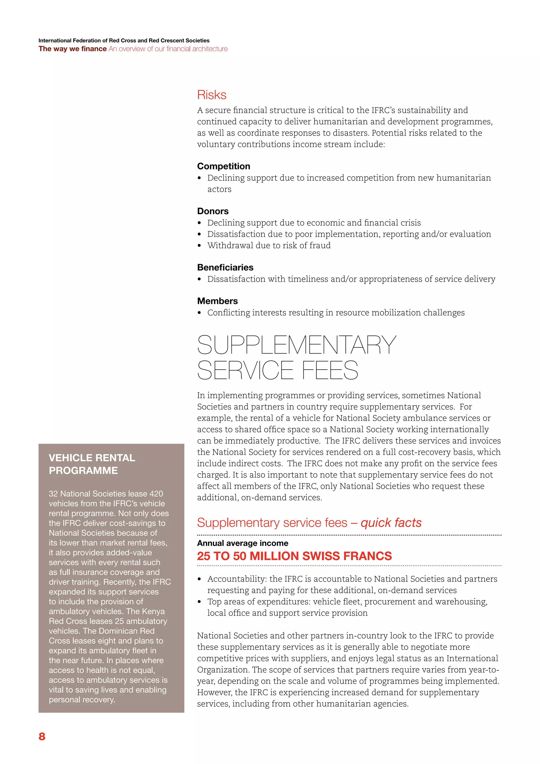 International Federation of Red Cross and Red Crescent Societies

The way we finance An overview of our financial architecture

Risks
A secure financial structure is critical to the IFRC’s sustainability and
continued capacity to deliver humanitarian and development programmes,
as well as coordinate responses to disasters. Potential risks related to the
voluntary contributions income stream include:

Competition
•	 Declining support due to increased competition from new humanitarian
actors

Donors
•	 Declining support due to economic and financial crisis
•	 Dissatisfaction due to poor implementation, reporting and/or evaluation
•	 Withdrawal due to risk of fraud

Beneficiaries
•	 Dissatisfaction with timeliness and/or appropriateness of service delivery

Members
•	 Conflicting interests resulting in resource mobilization challenges

Supplementary
service fees

Vehicle rental
programme
32 National Societies lease 420
vehicles from the IFRC’s vehicle
rental programme. Not only does
the IFRC deliver cost-savings to
National Societies because of
its lower than market rental fees,
it also provides added-value
services with every rental such
as full insurance coverage and
driver training. Recently, the IFRC
expanded its support services
to include the provision of
ambulatory vehicles. The Kenya
Red Cross leases 25 ambulatory
vehicles. The Dominican Red
Cross leases eight and plans to
expand its ambulatory fleet in
the near future. In places where
access to health is not equal,
access to ambulatory services is
vital to saving lives and enabling
personal recovery.

8

In implementing programmes or providing services, sometimes National
Societies and partners in country require supplementary services. For
example, the rental of a vehicle for National Society ambulance services or
access to shared office space so a National Society working internationally
can be immediately productive. The IFRC delivers these services and invoices
the National Society for services rendered on a full cost-recovery basis, which
include indirect costs. The IFRC does not make any profit on the service fees
charged. It is also important to note that supplementary service fees do not
affect all members of the IFRC, only National Societies who request these
additional, on-demand services.

Supplementary service fees – quick facts
Annual average income

25 to 50 million Swiss francs
•	 Accountability: the IFRC is accountable to National Societies and partners
requesting and paying for these additional, on-demand services
•	 Top areas of expenditures: vehicle fleet, procurement and warehousing,
local office and support service provision
National Societies and other partners in-country look to the IFRC to provide
these supplementary services as it is generally able to negotiate more
competitive prices with suppliers, and enjoys legal status as an International
Organization. The scope of services that partners require varies from year-toyear, depending on the scale and volume of programmes being implemented.
However, the IFRC is experiencing increased demand for supplementary
services, including from other humanitarian agencies.

 