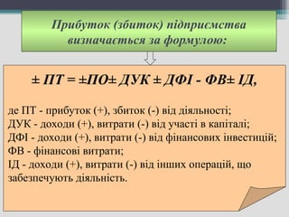 Прибуток (збиток) підприємства
визначається за формулою:
± ПТ = ±ПО± ДУК ± ДФІ - ФВ± ІД,
де ПТ - прибуток (+), збиток (-) від діяльності;
ДУК - доходи (+), витрати (-) від участі в капіталі;
ДФІ - доходи (+), витрати (-) від фінансових інвестицій;
ФВ - фінансові витрати;
ІД - доходи (+), витрати (-) від інших операцій, що
забезпечують діяльність.
 