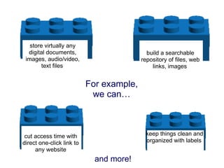 store virtually any
  digital documents,                        build a searchable
 images, audio/video,                     repository of files, web
        text files                            links, images


                           For example,
                            we can…



 cut access time with                      keep things clean and
direct one-click link to                   organized with labels
     any website
                             and more!
 