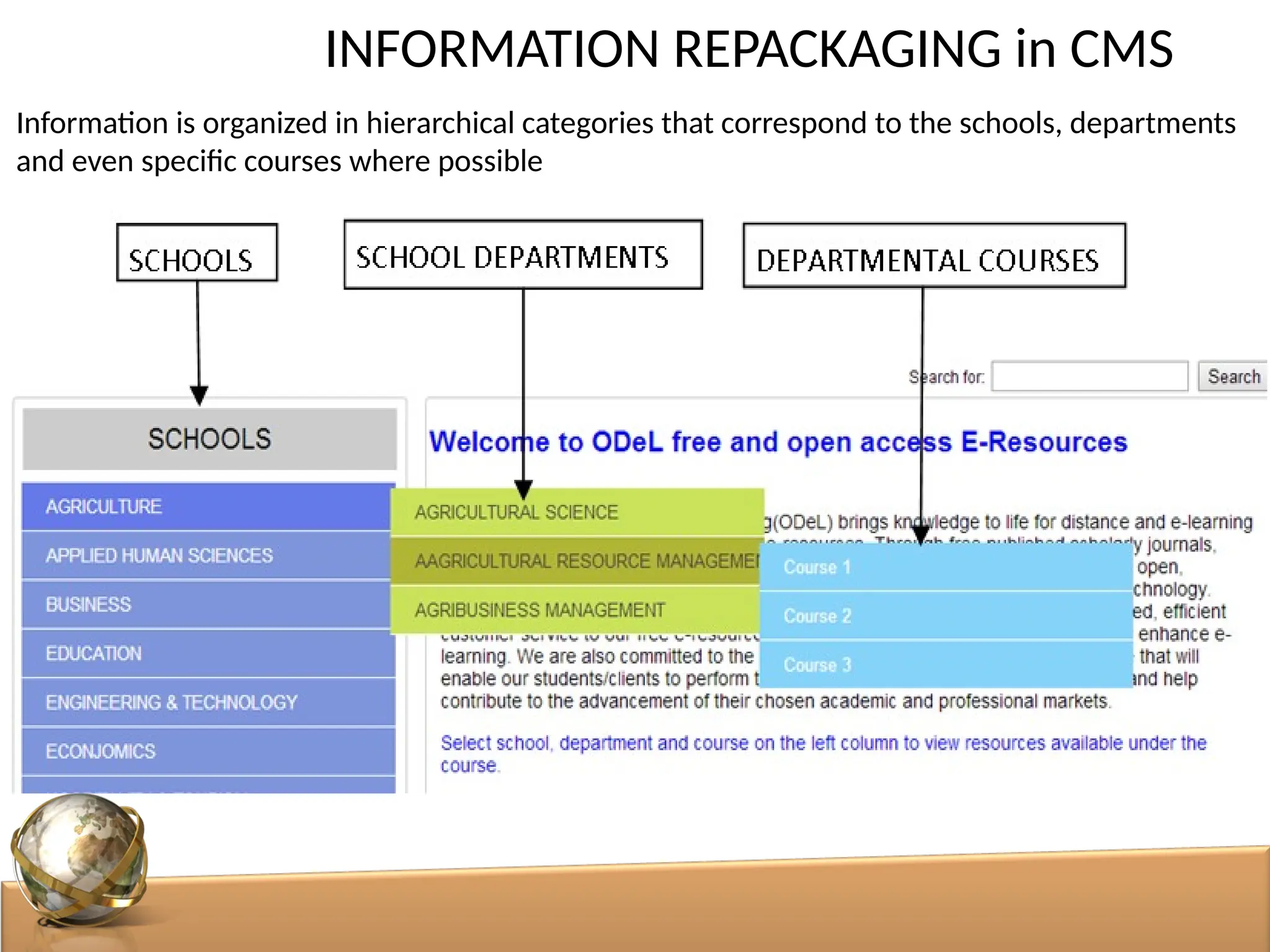 INFORMATION REPACKAGING in CMS
Information is organized in hierarchical categories that correspond to the schools, departments
and even specific courses where possible
 