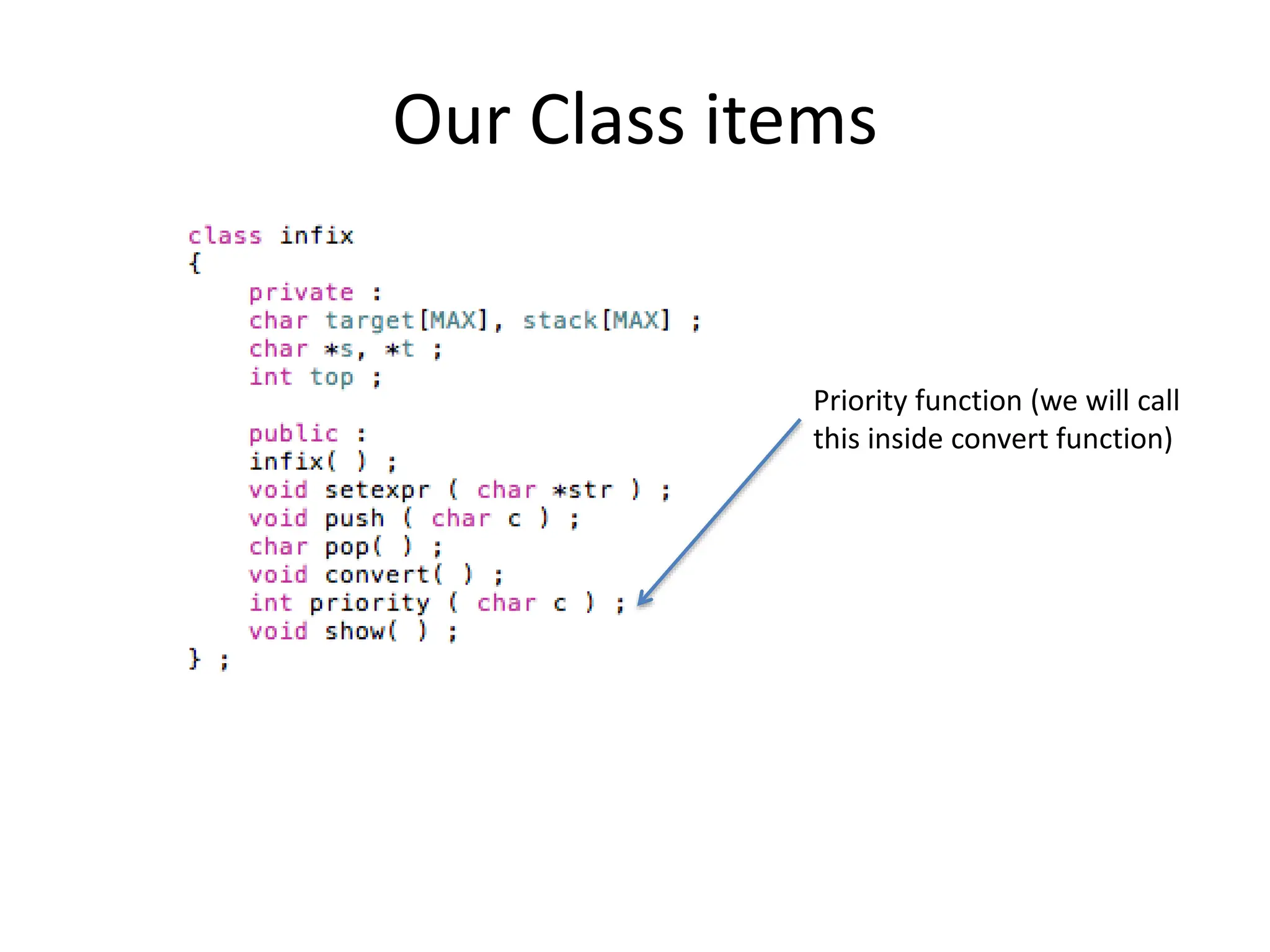 Our Class items
Priority function (we will call
this inside convert function)
 