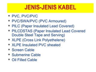 JENIS-JENIS KABEL
 PVC, PVC/PVC
 PVC/SWA/PVC (PVC Armoured)
 PILC (Paper Insulated Lead Covered)
 PILCDSTAS (Paper Insulated Lead Covered
Double Steel Tape and Serving)
 XLPE (Cross Link Polyethelene)
 XLPE Insulated PVC sheated
 Screen Cable
 Submerine Cable
 Oil Filled Cable
 