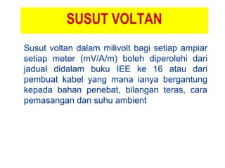 SUSUT VOLTAN
Susut voltan dalam milivolt bagi setiap ampiar
setiap meter (mV/A/m) boleh diperolehi dari
jadual didalam buku IEE ke 16 atau dari
pembuat kabel yang mana ianya bergantung
kepada bahan penebat, bilangan teras, cara
pemasangan dan suhu ambient
 