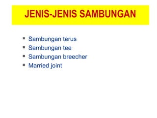 JENIS-JENIS SAMBUNGAN
 Sambungan terus
 Sambungan tee
 Sambungan breecher
 Married joint
 