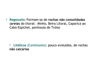 • Regossolo: Formam-se de rochas não consolidadas
(areias do litoral: Minho, Beira Litoral, Caparica ao
Cabo Espichel, península de Tróia)

• Litólicos (Cambissolo): pouco evoluídos, de rochas
não calcárias

 