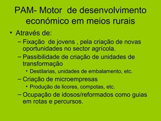 PAM- Motor de desenvolvimento
económico em meios rurais
• Através de:
– Fixação de jovens , pela criação de novas
oportunidades no sector agrícola.
– Passibilidade de criação de unidades de
transformação
• Destilarias, unidades de embalamento, etc.

– Criação de microempresas
• Produção de licores, compotas, etc.

– Ocupação de idosos/reformados como guias
em rotas e percursos.

 
